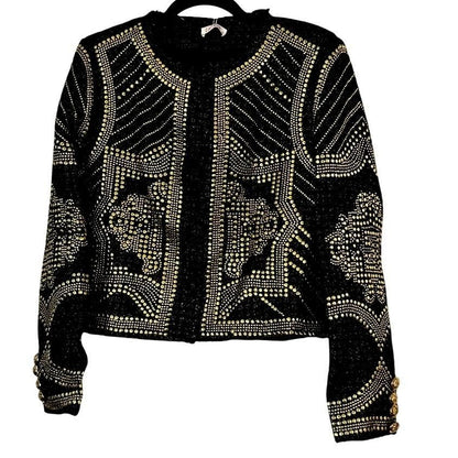 Embellished Studded Tweed Jacket – Black/Gold