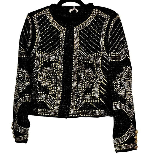 Embellished Studded Tweed Jacket – Black/Gold