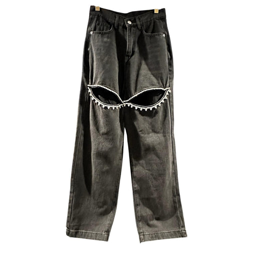 High-Waisted Jeans with Diamond Embellishments – Black
