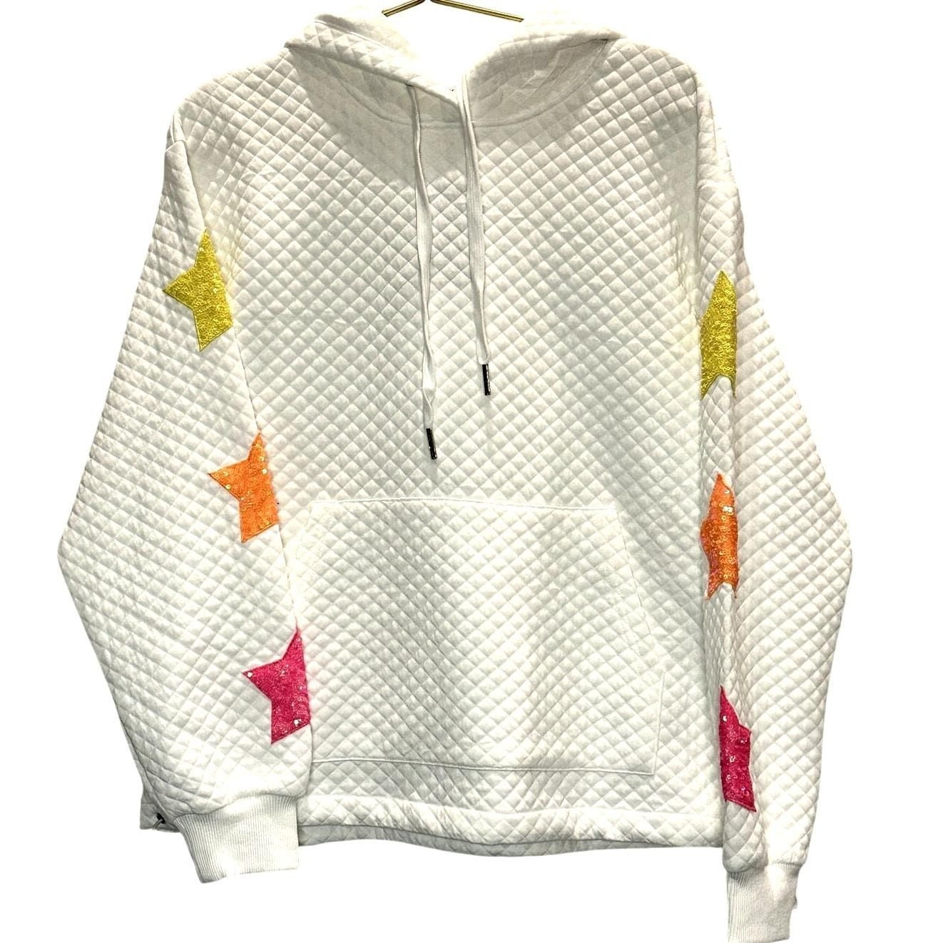 Quilted Sequin Star Hoodie – White