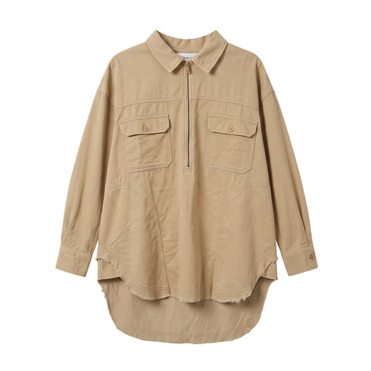 Creatively Chaotic Luxury Boutique beige oversized shacket with a half-zip front, chest pockets, and raw hem detail.