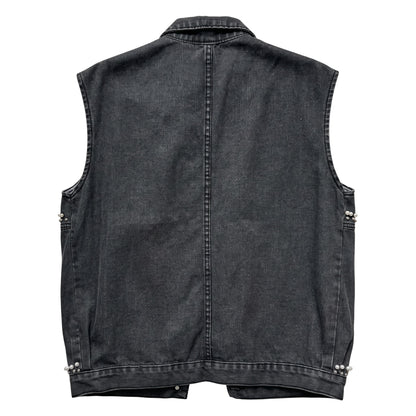 Back view of Creatively Chaotic Luxury Boutique washed black denim vest with pearl accents at the side hem