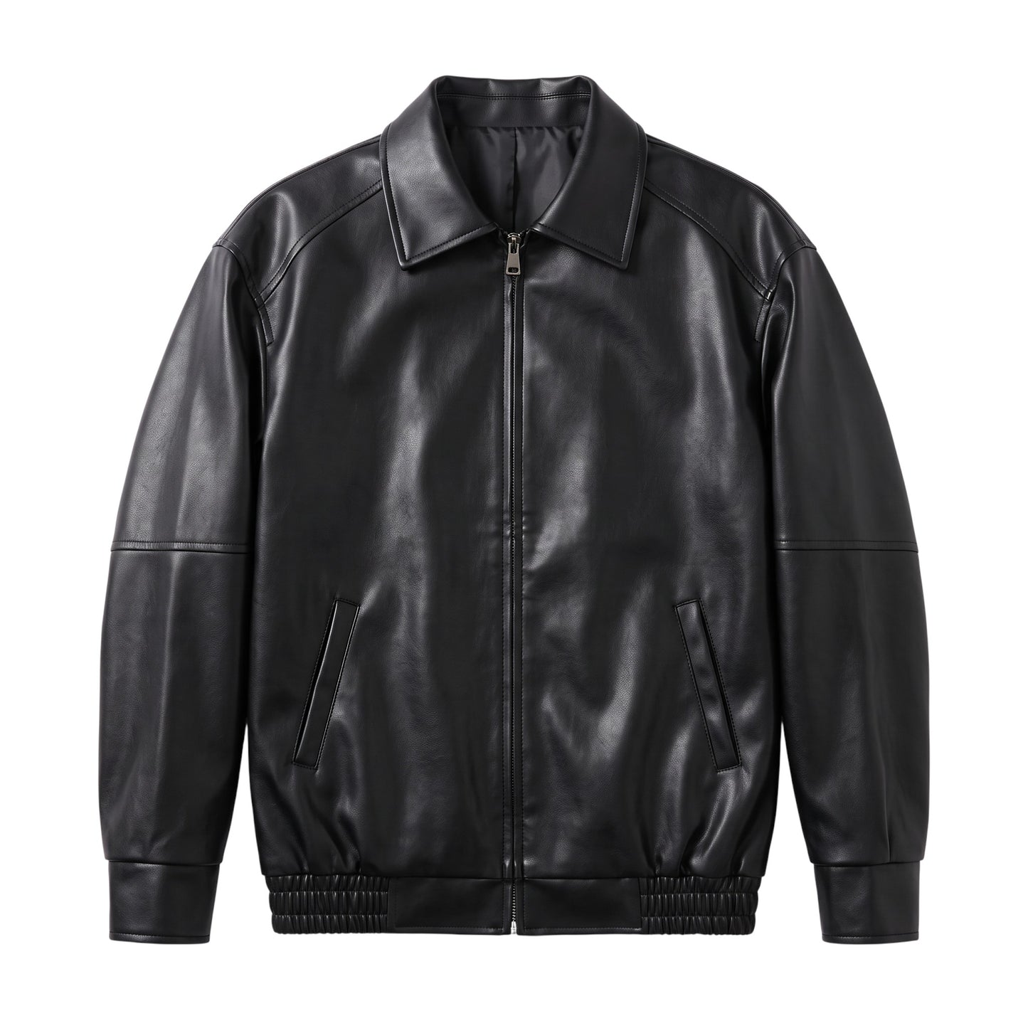 Creatively Chaotic Luxury Boutique black faux leather bomber jacket with a zip front and classic collar