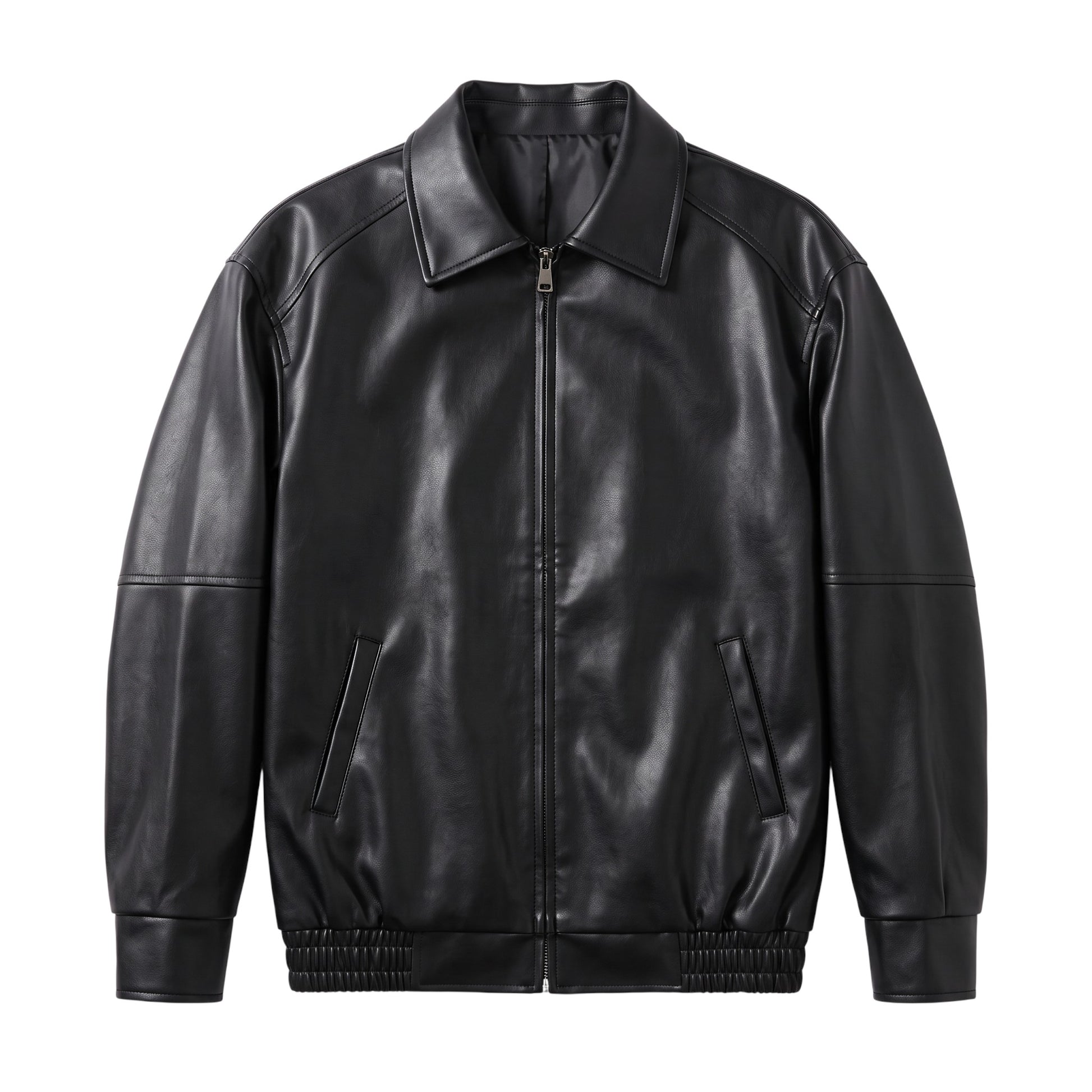 Creatively Chaotic Luxury Boutique black faux leather bomber jacket with a zip front and classic collar