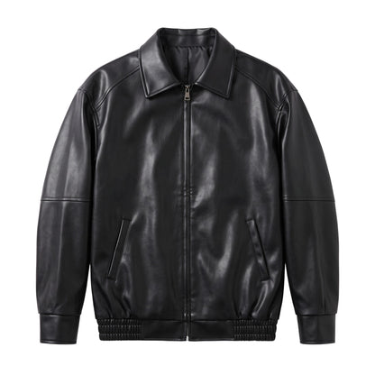 Creatively Chaotic Luxury Boutique black faux leather bomber jacket with a zip front and classic collar
