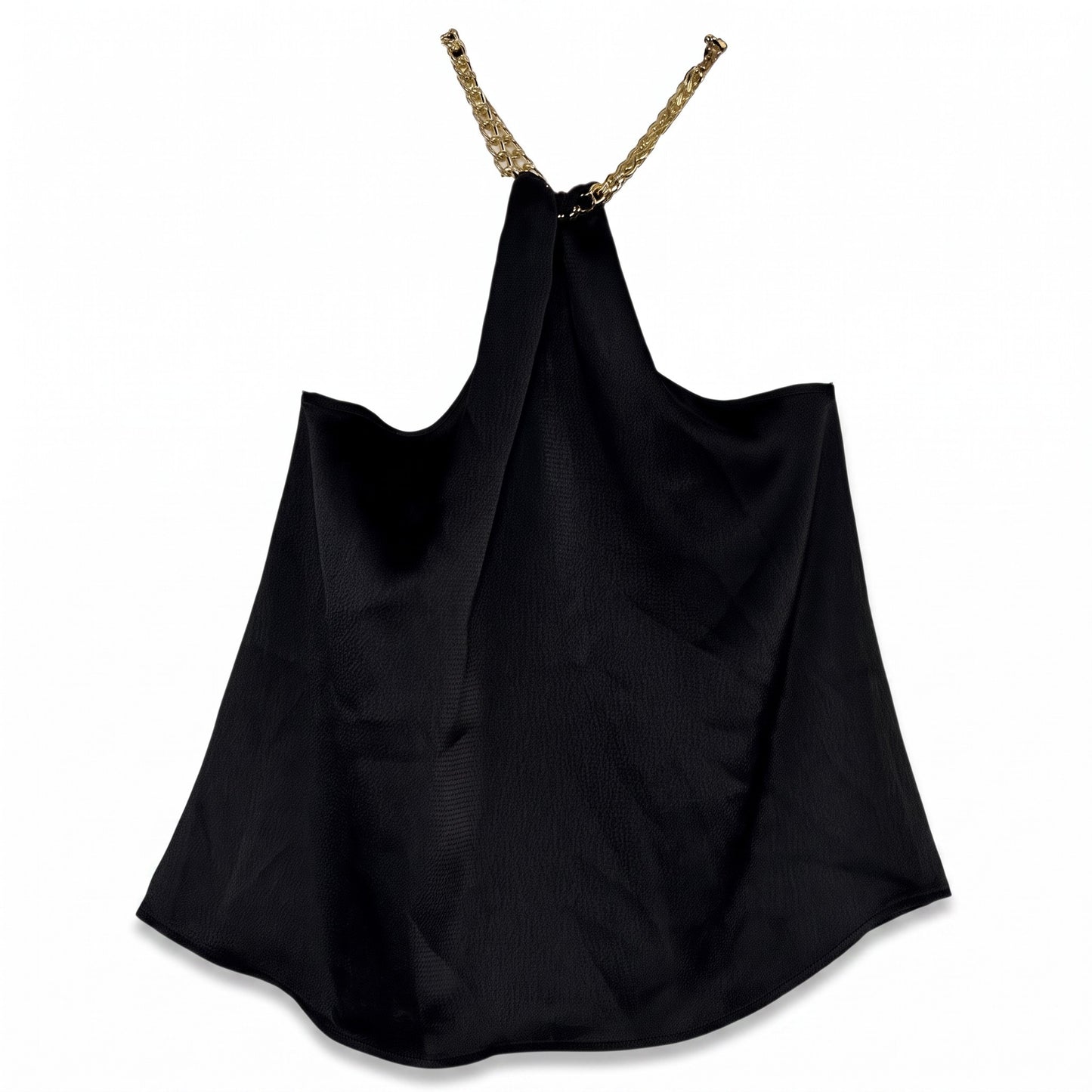 Creatively Chaotic Luxury Boutique HYFVE black satin halter tank top featuring a decorative gold chain neck strap