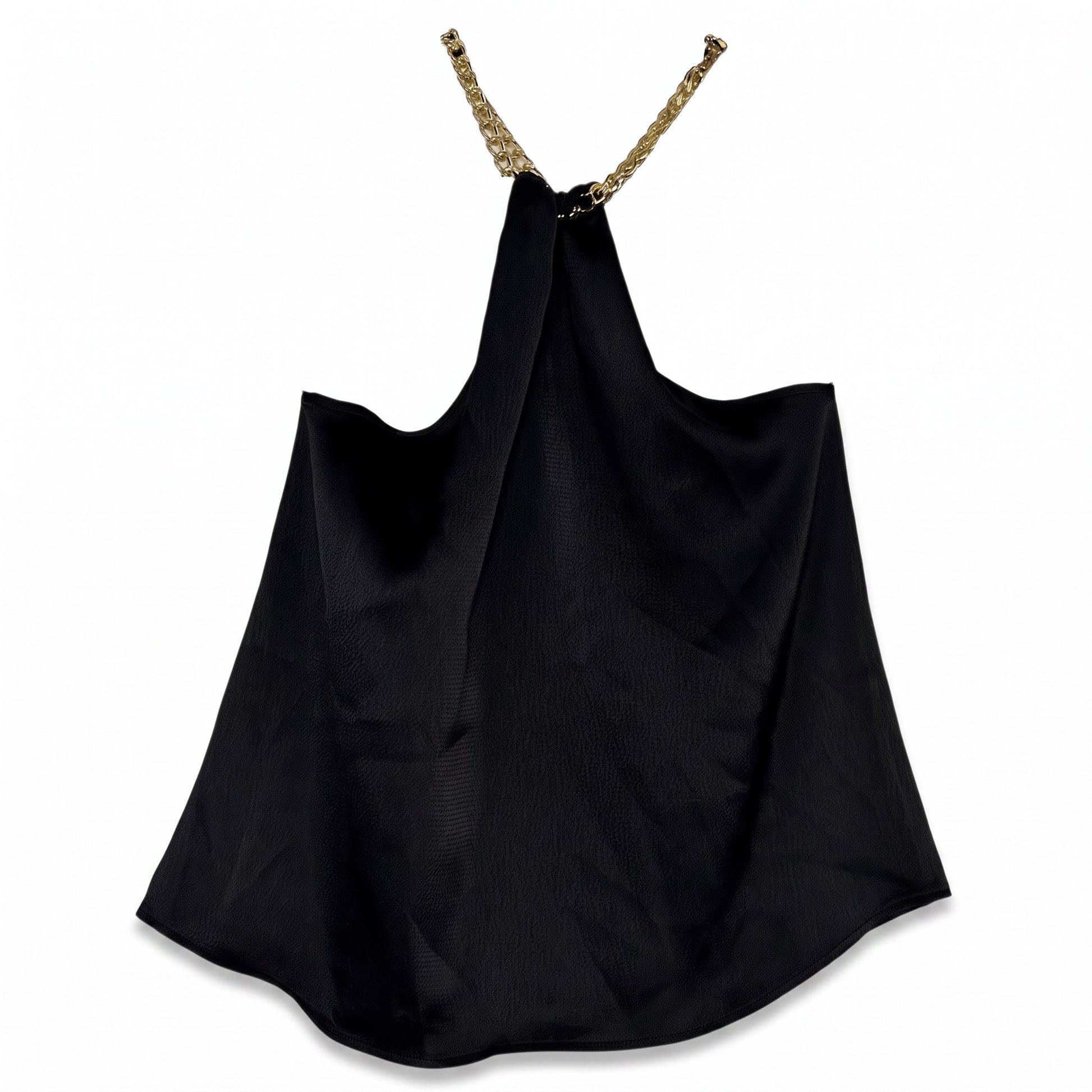 Creatively Chaotic Luxury Boutique HYFVE black satin halter tank top featuring a decorative gold chain neck strap
