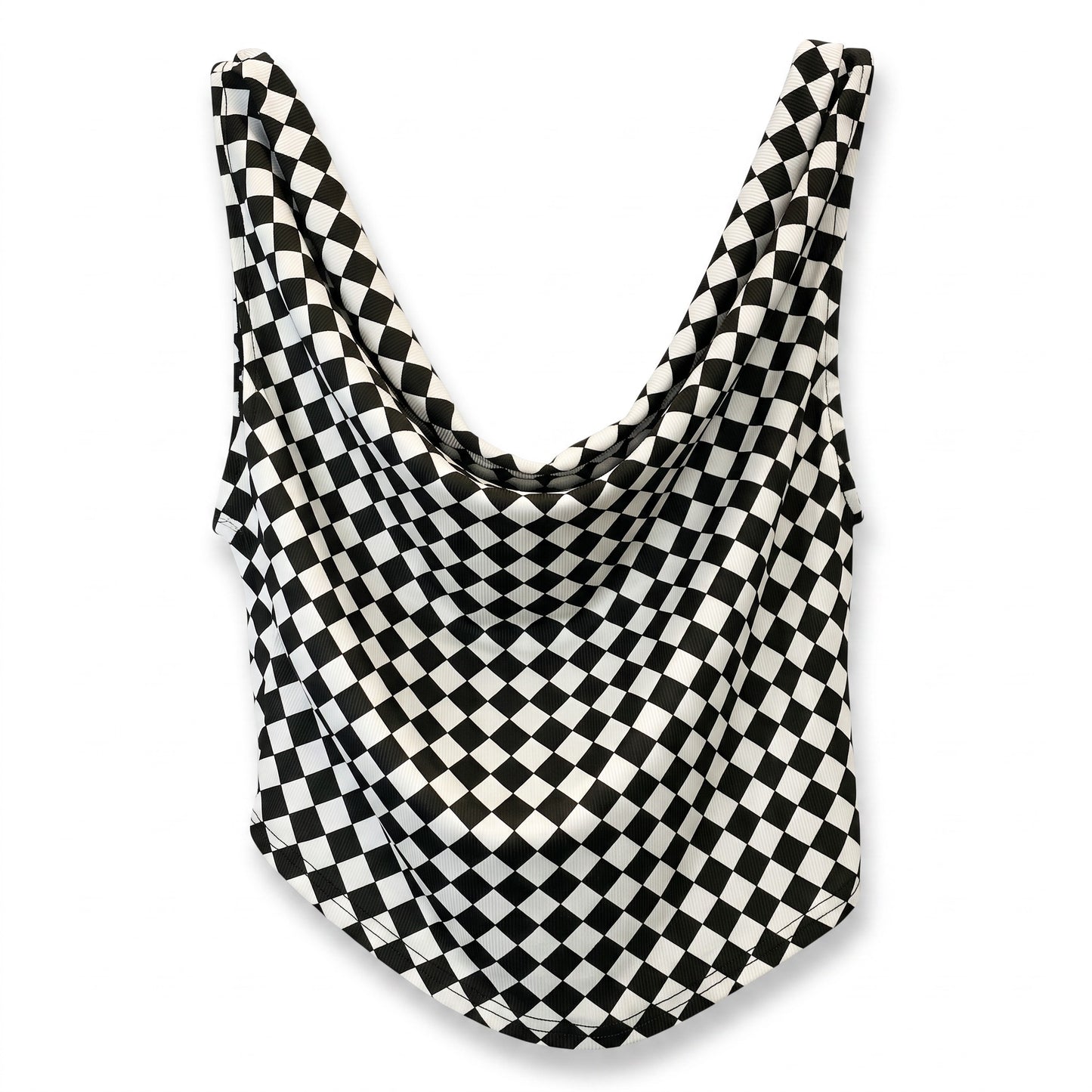Creatively Chaotic Luxury Boutique black and white checkered cowl-neck tank top with a cropped hemline.
