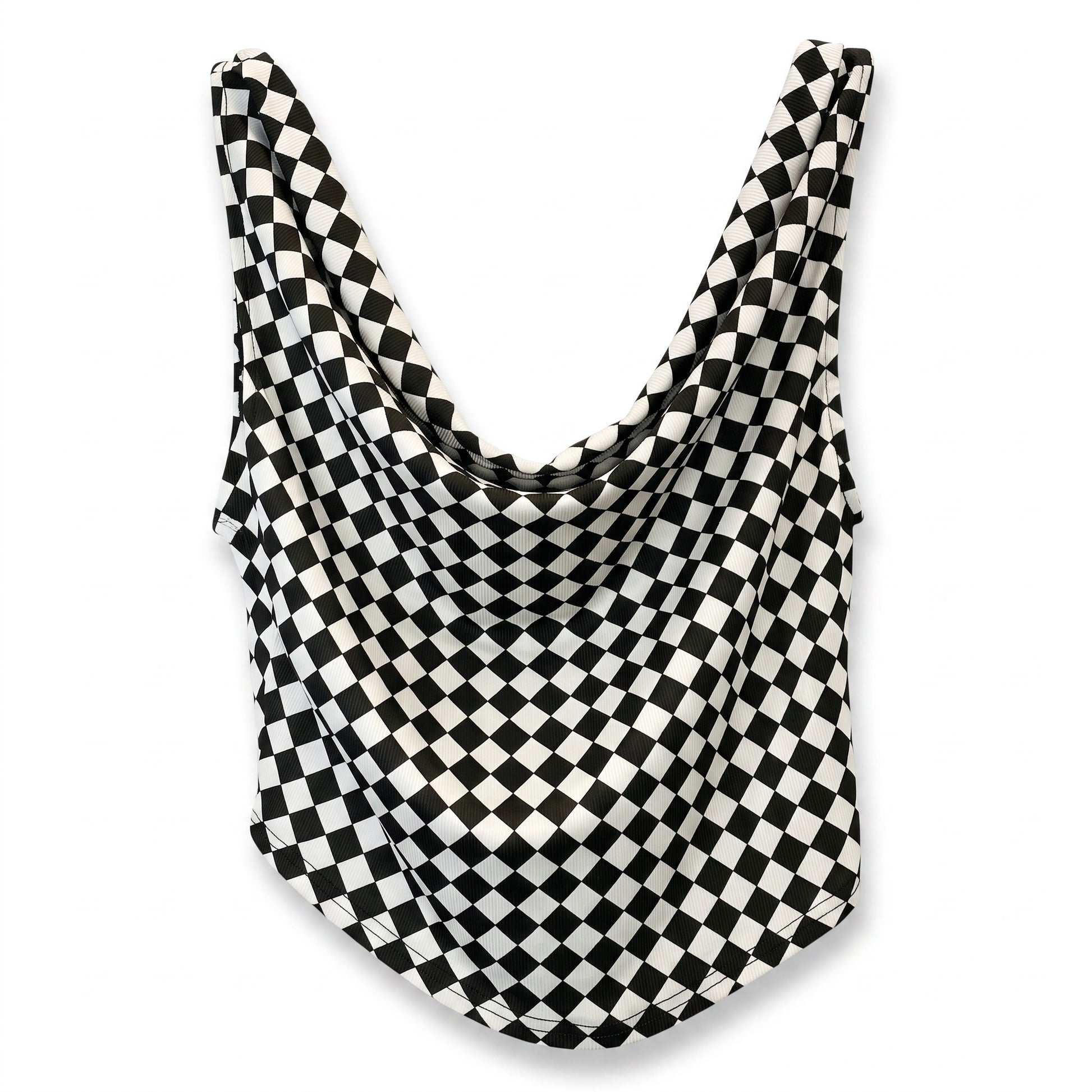 Creatively Chaotic Luxury Boutique black and white checkered cowl-neck tank top with a cropped hemline.