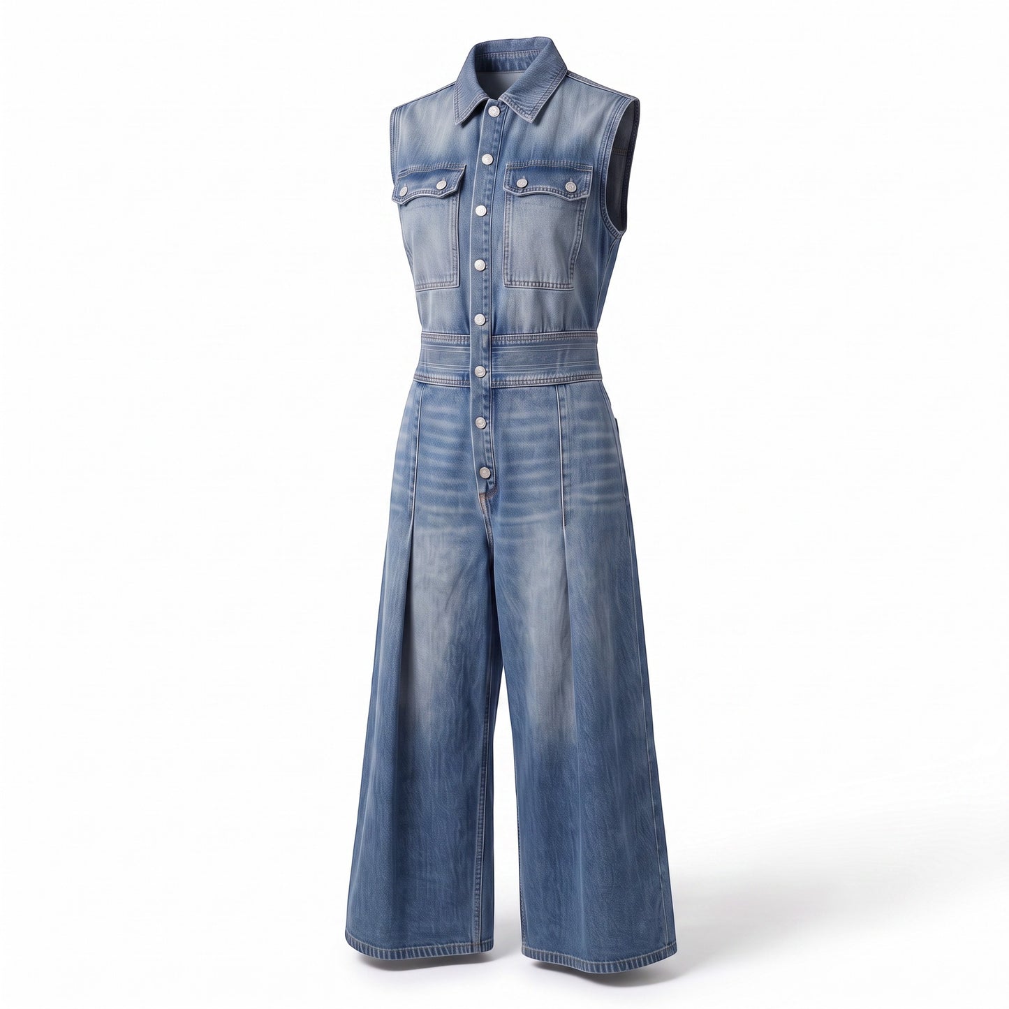 Creatively Chaotic Luxury Boutique HYFVE sleeveless denim jumpsuit with button-up front and wide-leg trousers