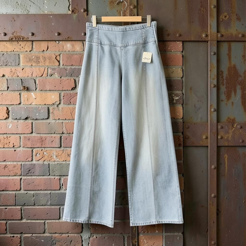 Creatively Chaotic Luxury Boutique Free People high-rise wide-leg jeans in light wash denim with vertical seam detailing.