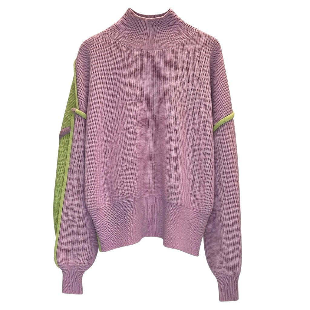 Creatively Chaotic Luxury Boutique high-neck sweater in lilac with contrasting lime green ribbed sleeve panels.