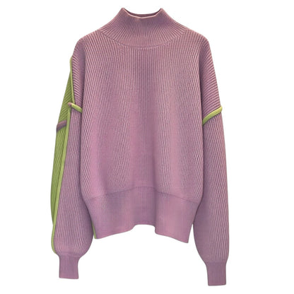 Creatively Chaotic Luxury Boutique high-neck sweater in lilac with contrasting lime green ribbed sleeve panels.