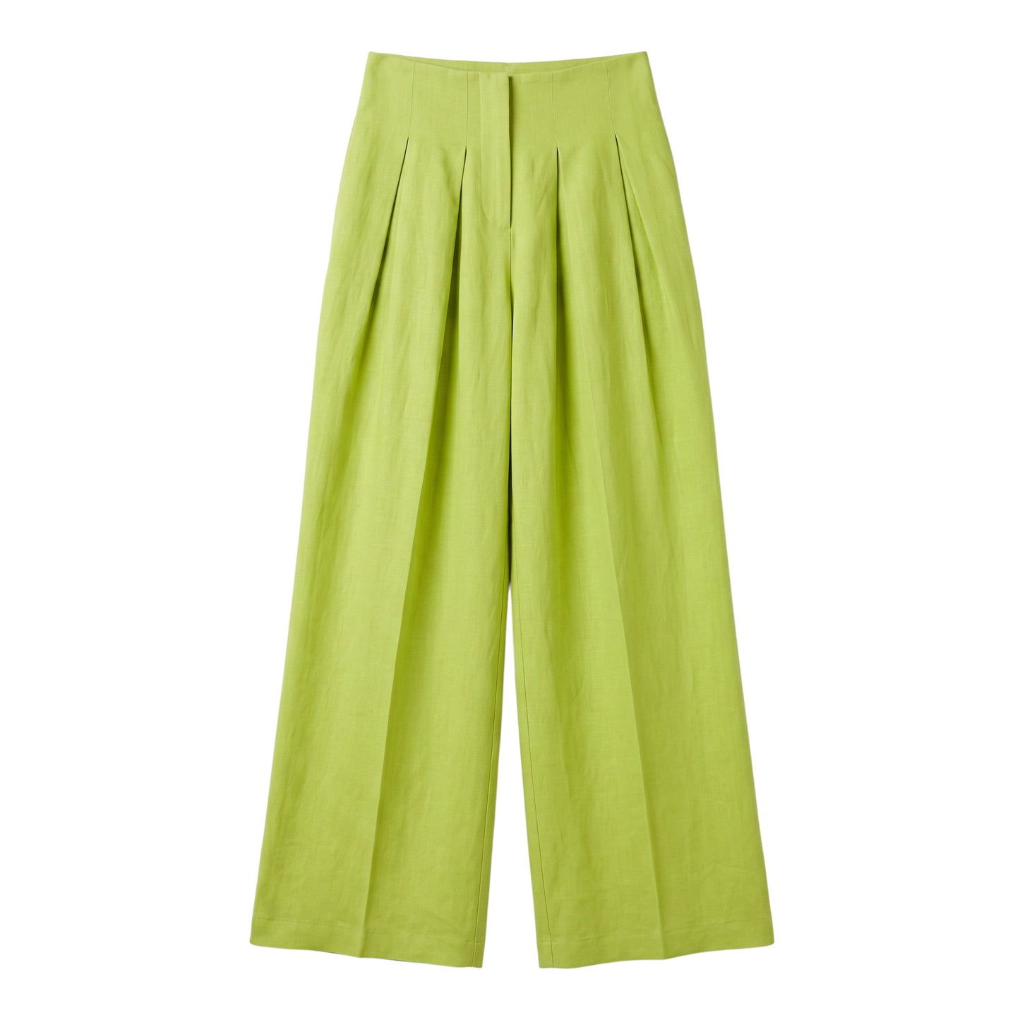 Creatively Chaotic Luxury Boutique lime green wide-leg trousers with front pleats and a high-waisted tailored fit.