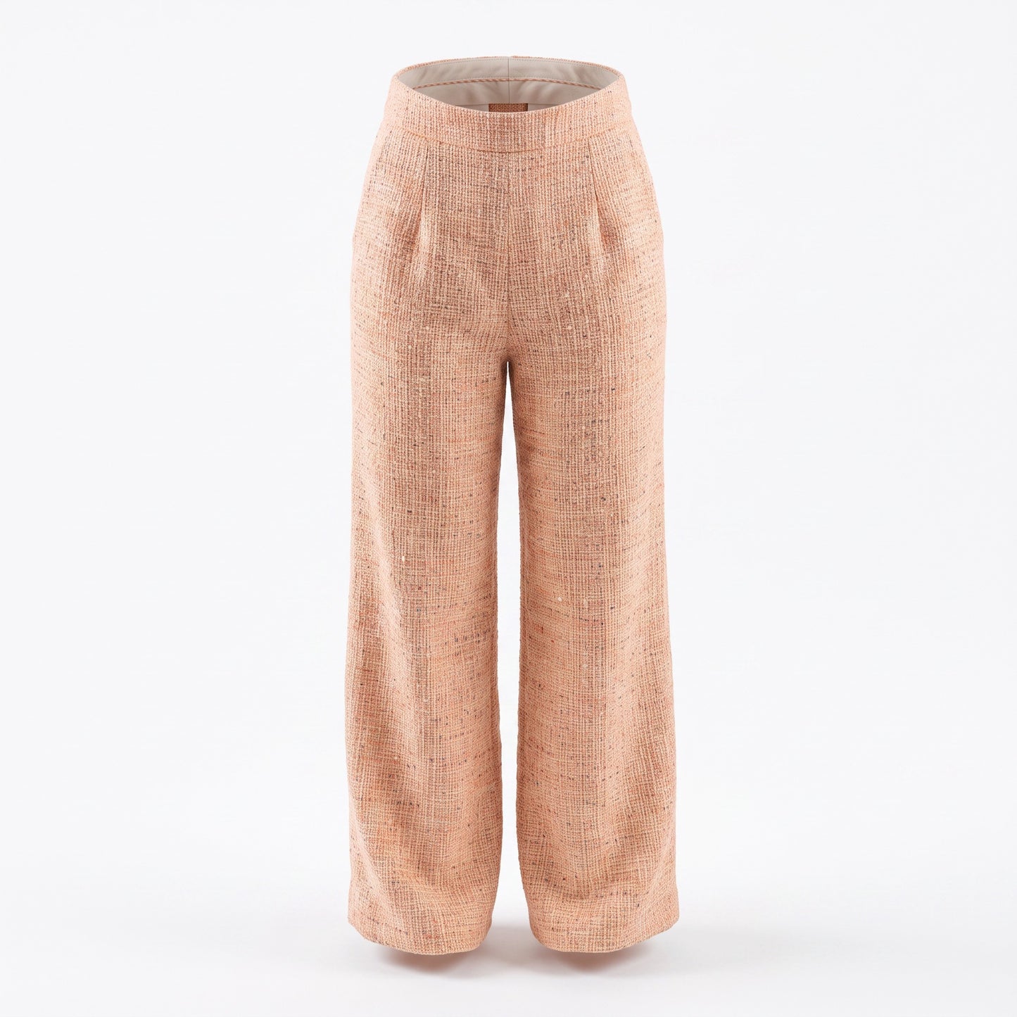 Creatively Chaotic Luxury Boutique Endless Blu peach tweed wide-leg trousers with a high-waisted tailored fit.