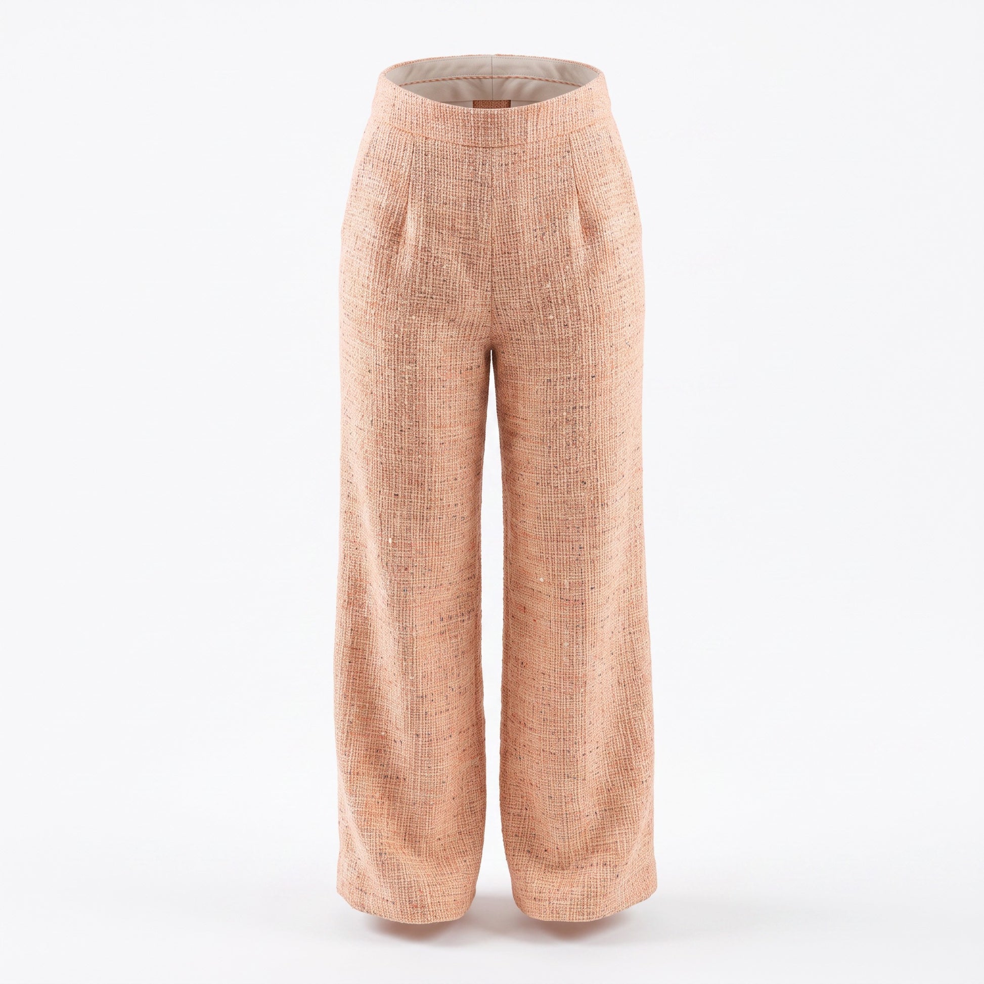 Creatively Chaotic Luxury Boutique Endless Blu peach tweed wide-leg trousers with a high-waisted tailored fit.