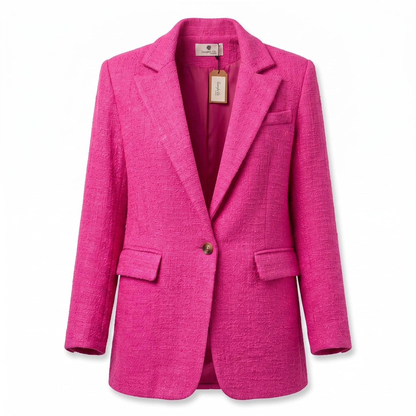 Creatively Chaotic Luxury Boutique She + Sky hot pink textured tweed blazer with notched lapels and single button.