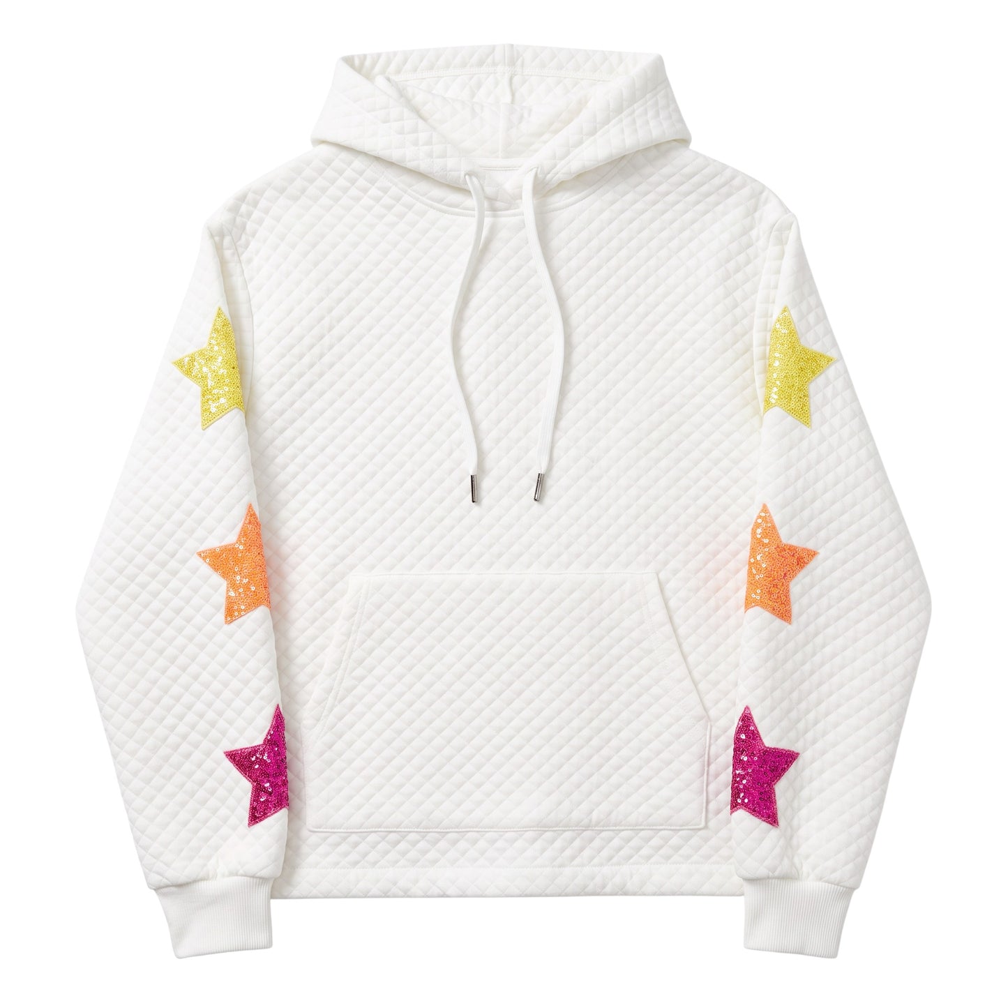 Creatively Chaotic Luxury Boutique white quilted hoodie with colourful sequin star patches on the sleeves