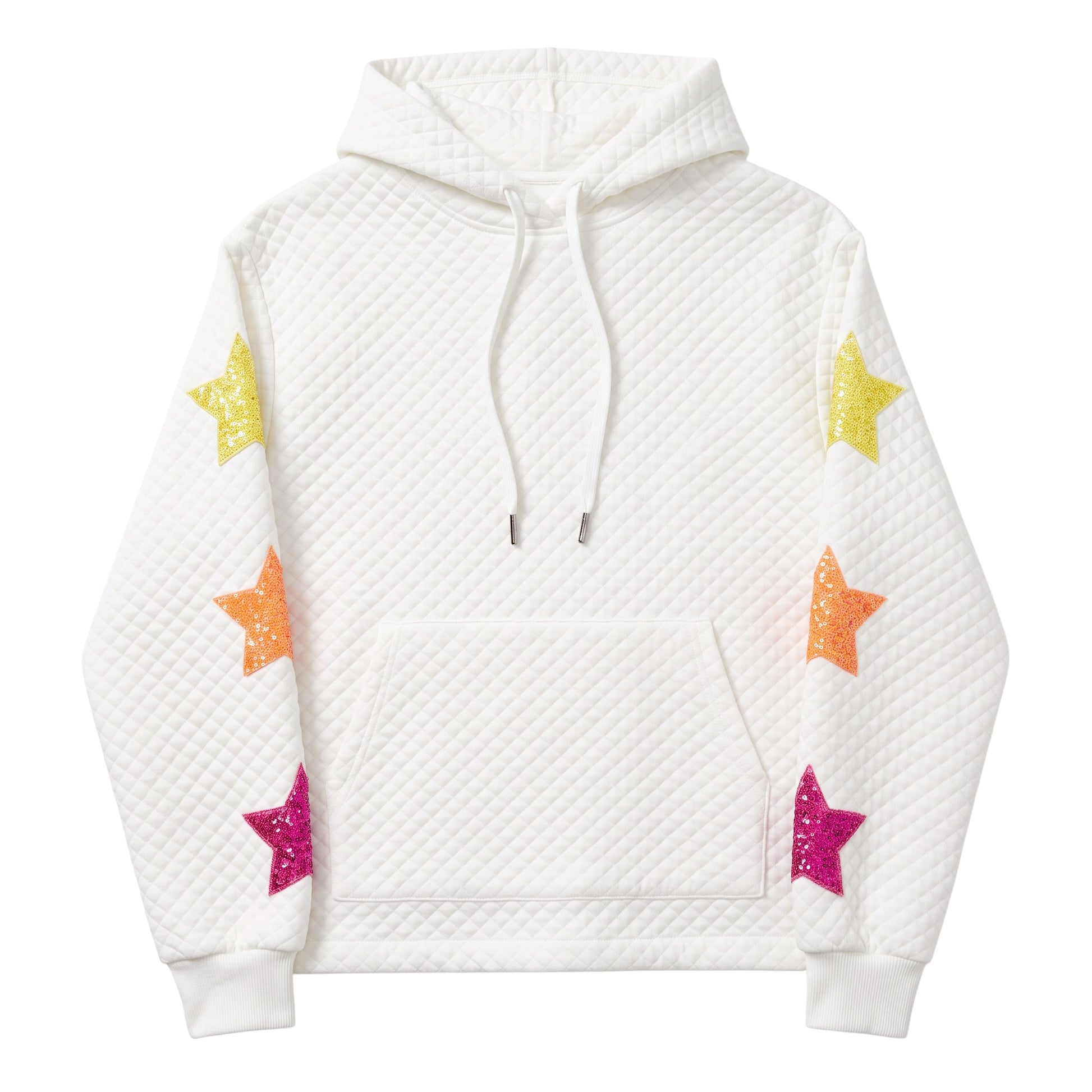 Creatively Chaotic Luxury Boutique white quilted hoodie with colourful sequin star patches on the sleeves