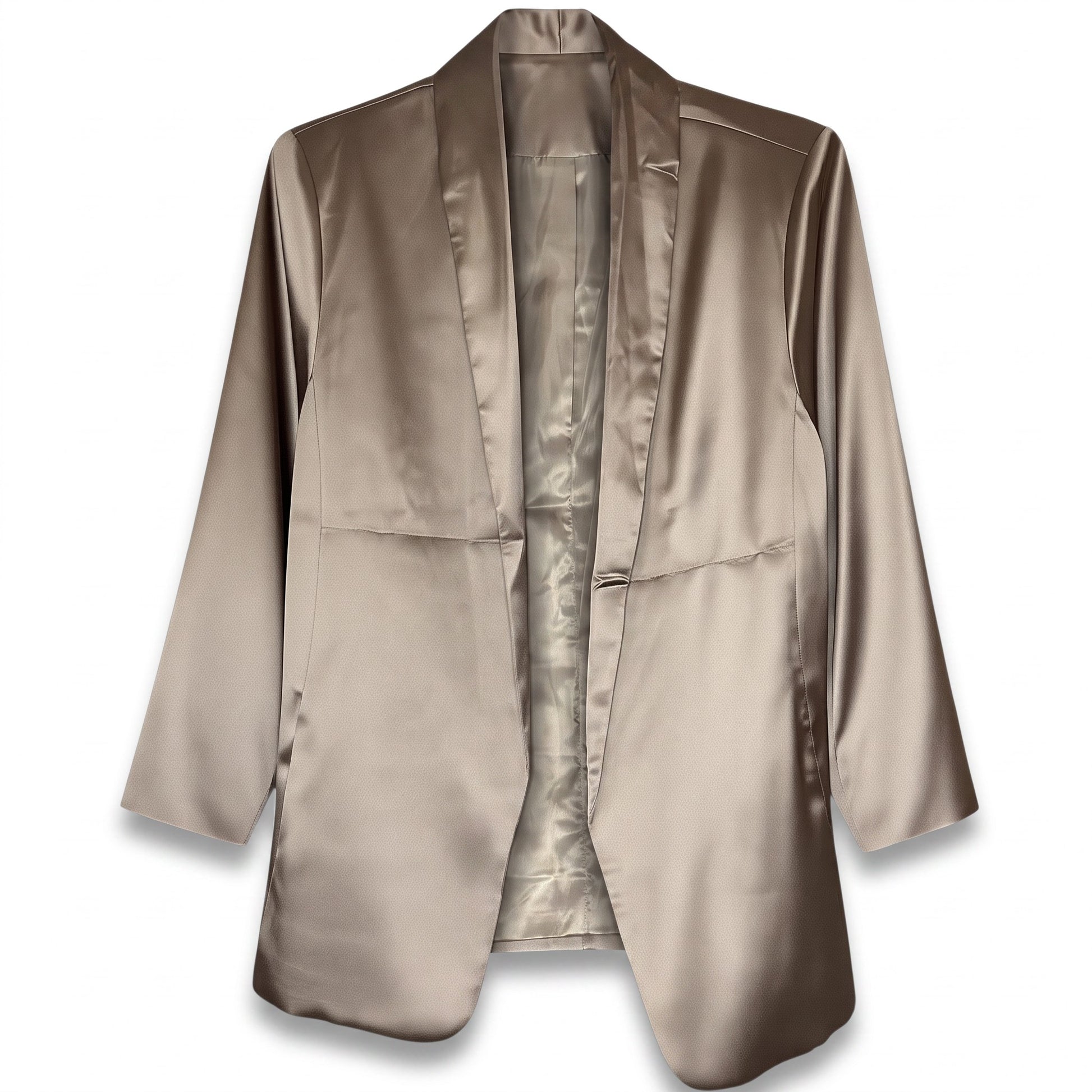 Creatively Chaotic Luxury Boutique Eesome Locking Out satin blazer in a metallic taupe finish with a shawl collar.