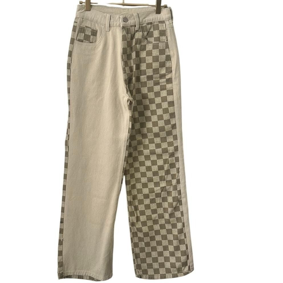 Checkerboard Patchwork Denim Pants