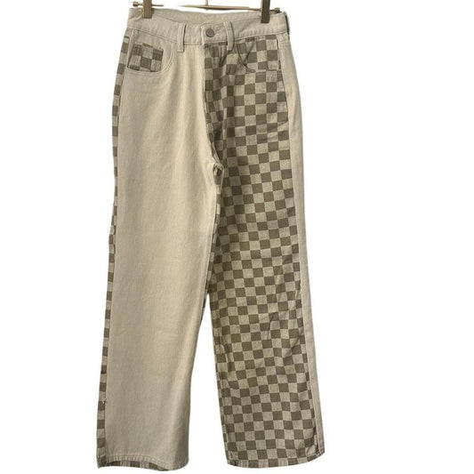 Checkerboard Patchwork Denim Pants