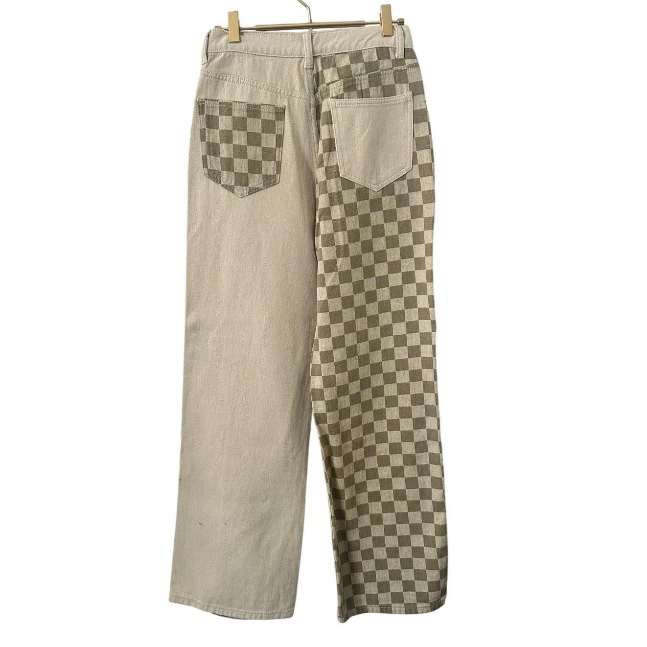 Checkerboard Patchwork Denim Pants