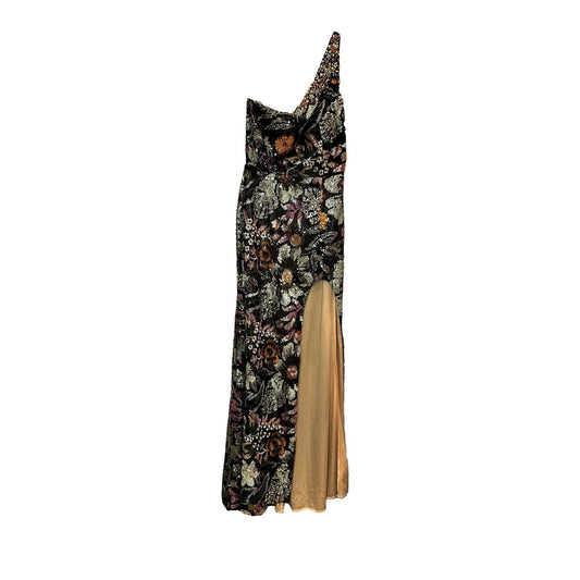Embellished Floral One-Shoulder Gown – Black Multi