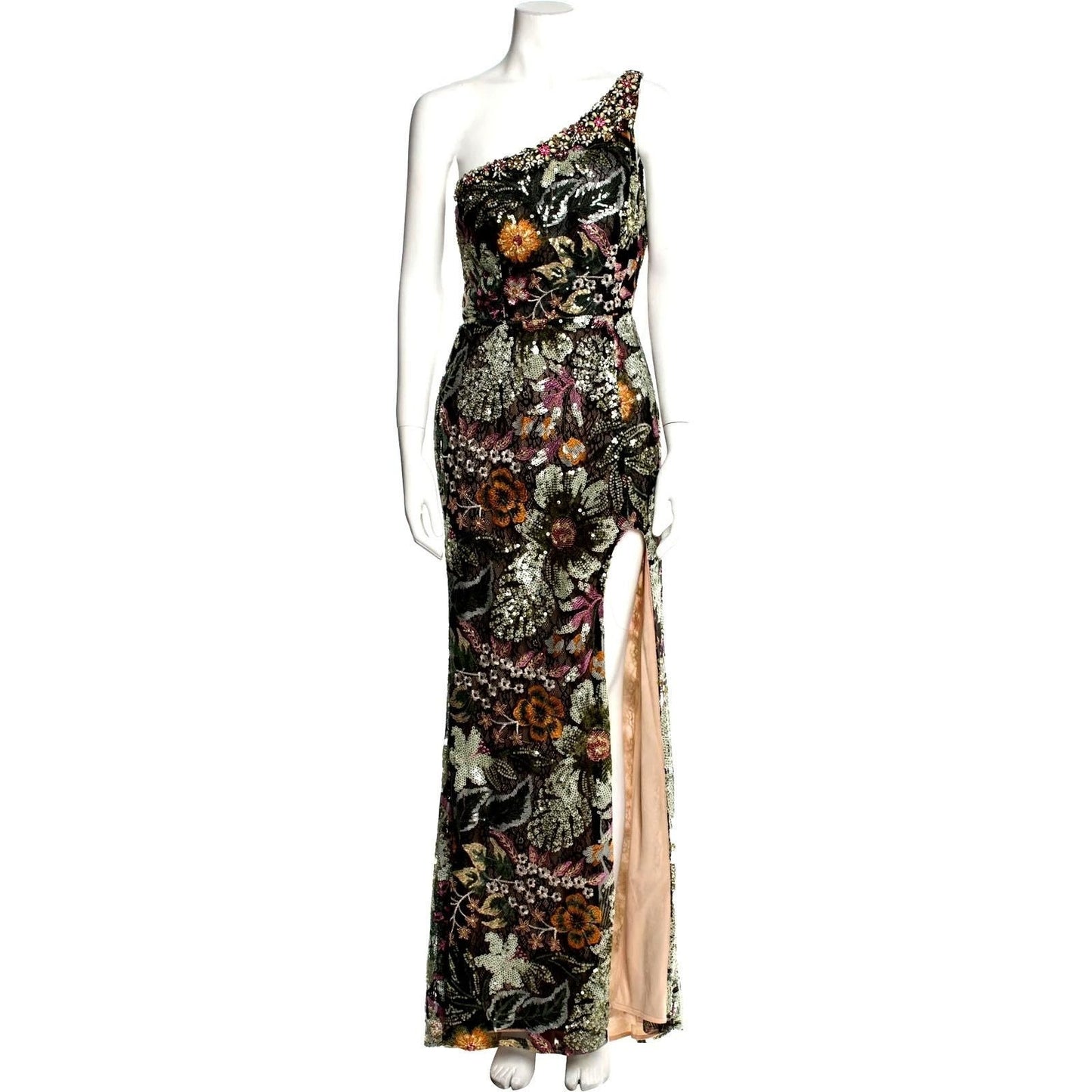 Embellished Floral One-Shoulder Gown – Black Multi
