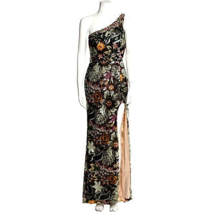 Embellished Floral One-Shoulder Gown – Black Multi