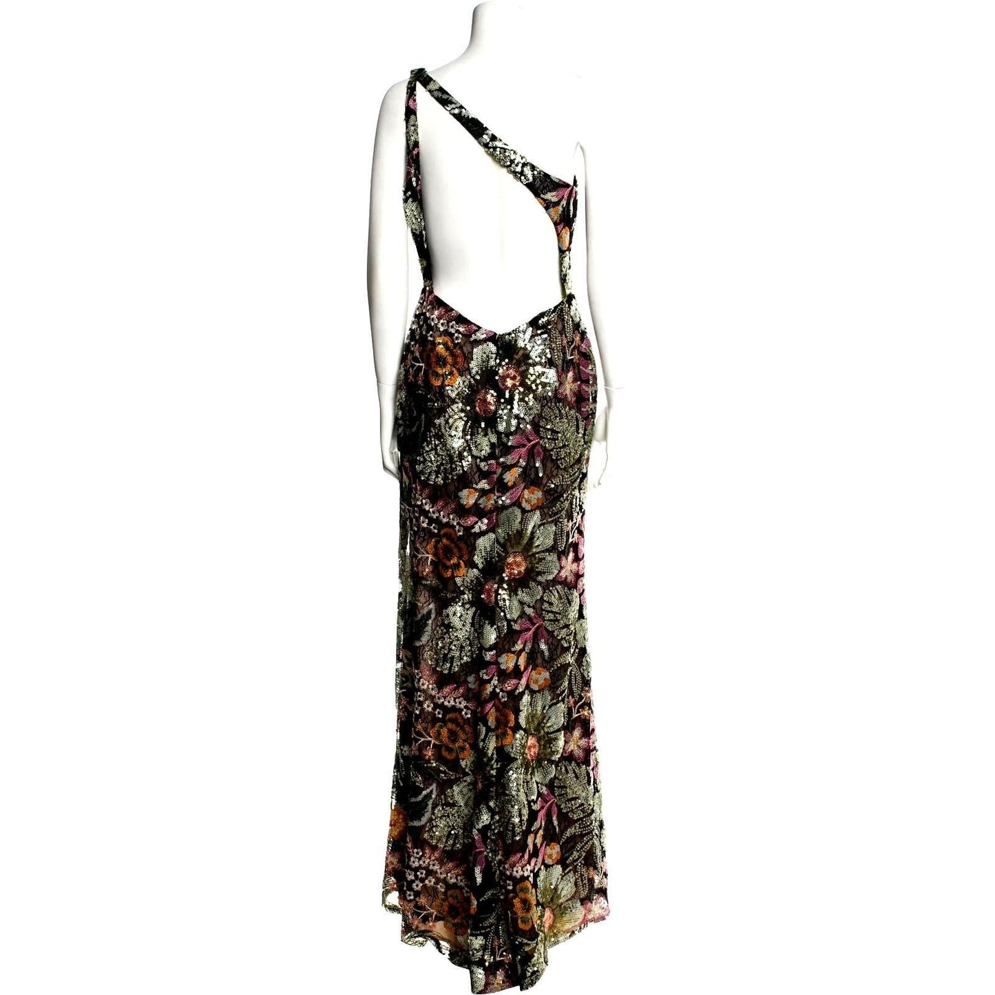 Embellished Floral One-Shoulder Gown – Black Multi