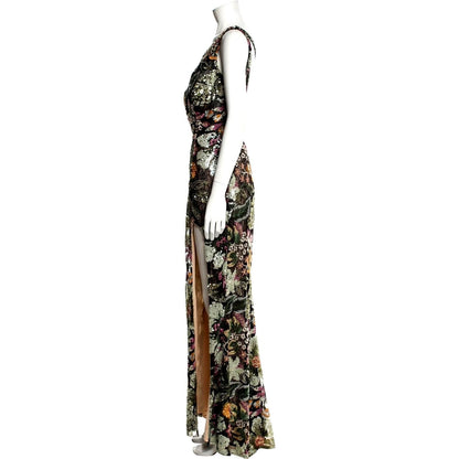 Embellished Floral One-Shoulder Gown – Black Multi