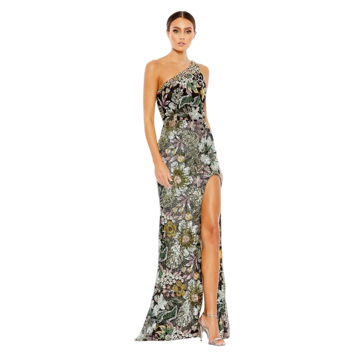 Embellished Floral One-Shoulder Gown – Black Multi
