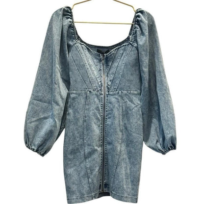 Denim Puff Sleeve Zip Dress – Light Wash