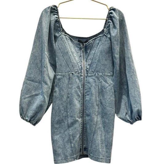 Denim Puff Sleeve Zip Dress – Light Wash