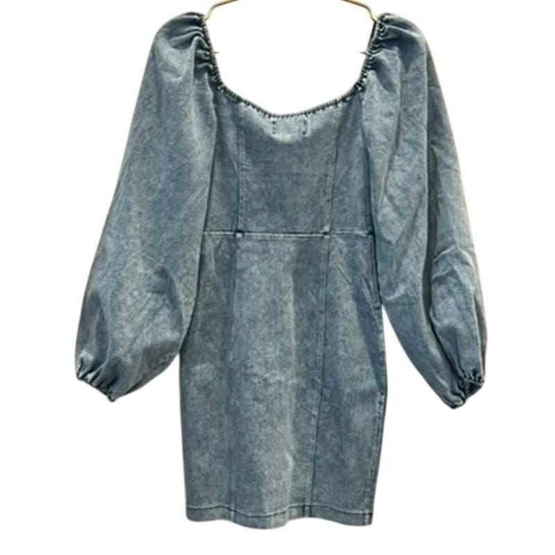 Denim Puff Sleeve Zip Dress – Light Wash