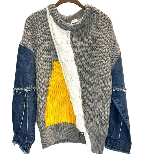 Color Block Denim Sleeve Sweater – Yellow/Grey