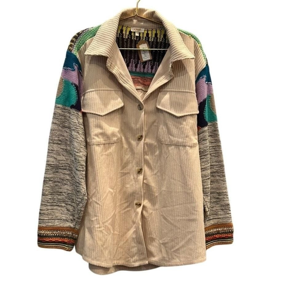Patchwork Knit Sleeve Corduroy Shacket – Beige Multi