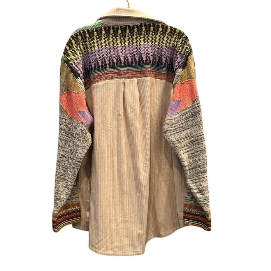 Patchwork Knit Sleeve Corduroy Shacket – Beige Multi