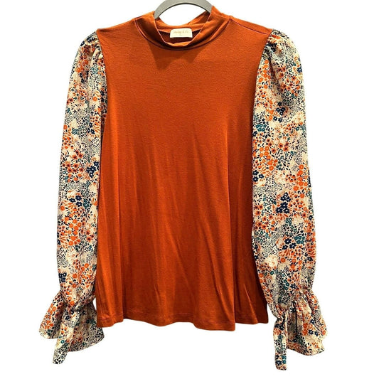 Rust Floral Sleeve Knit Top