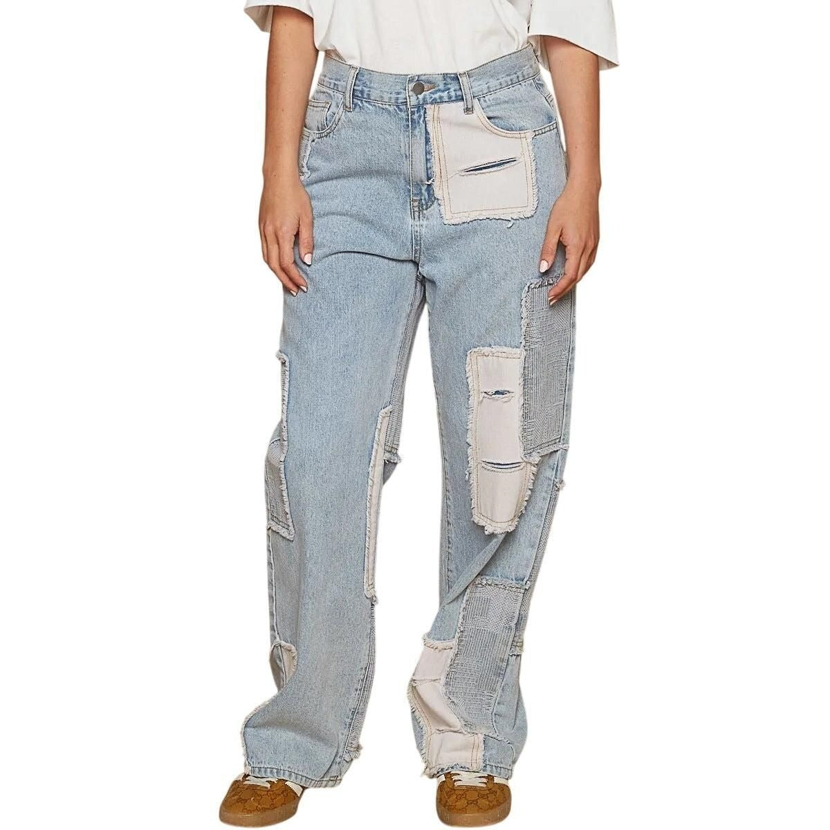 Contrast Patched Raw Hem Straight Jeans