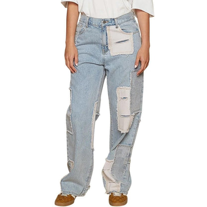 Contrast Patched Raw Hem Straight Jeans