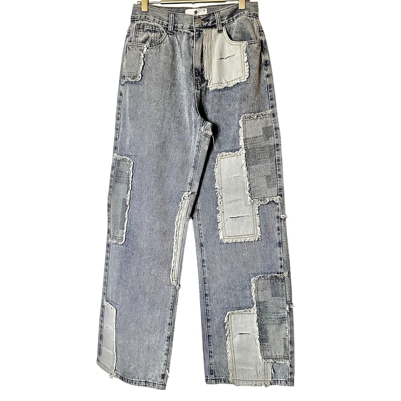 Contrast Patched Raw Hem Straight Jeans