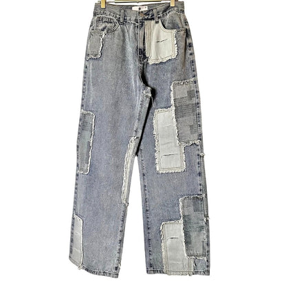 Contrast Patched Raw Hem Straight Jeans
