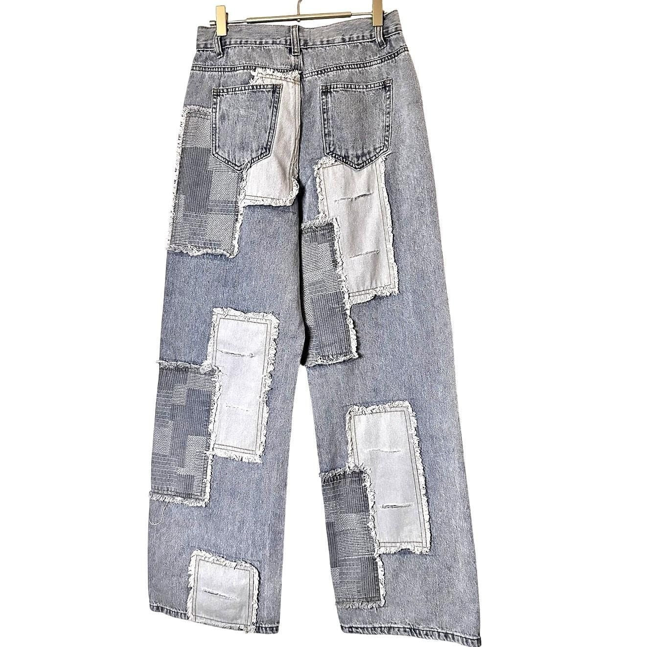 Contrast Patched Raw Hem Straight Jeans