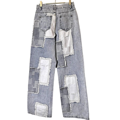 Contrast Patched Raw Hem Straight Jeans