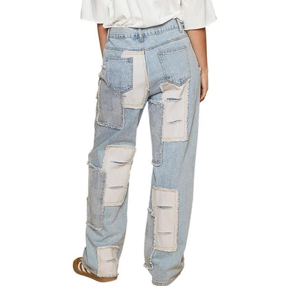 Contrast Patched Raw Hem Straight Jeans