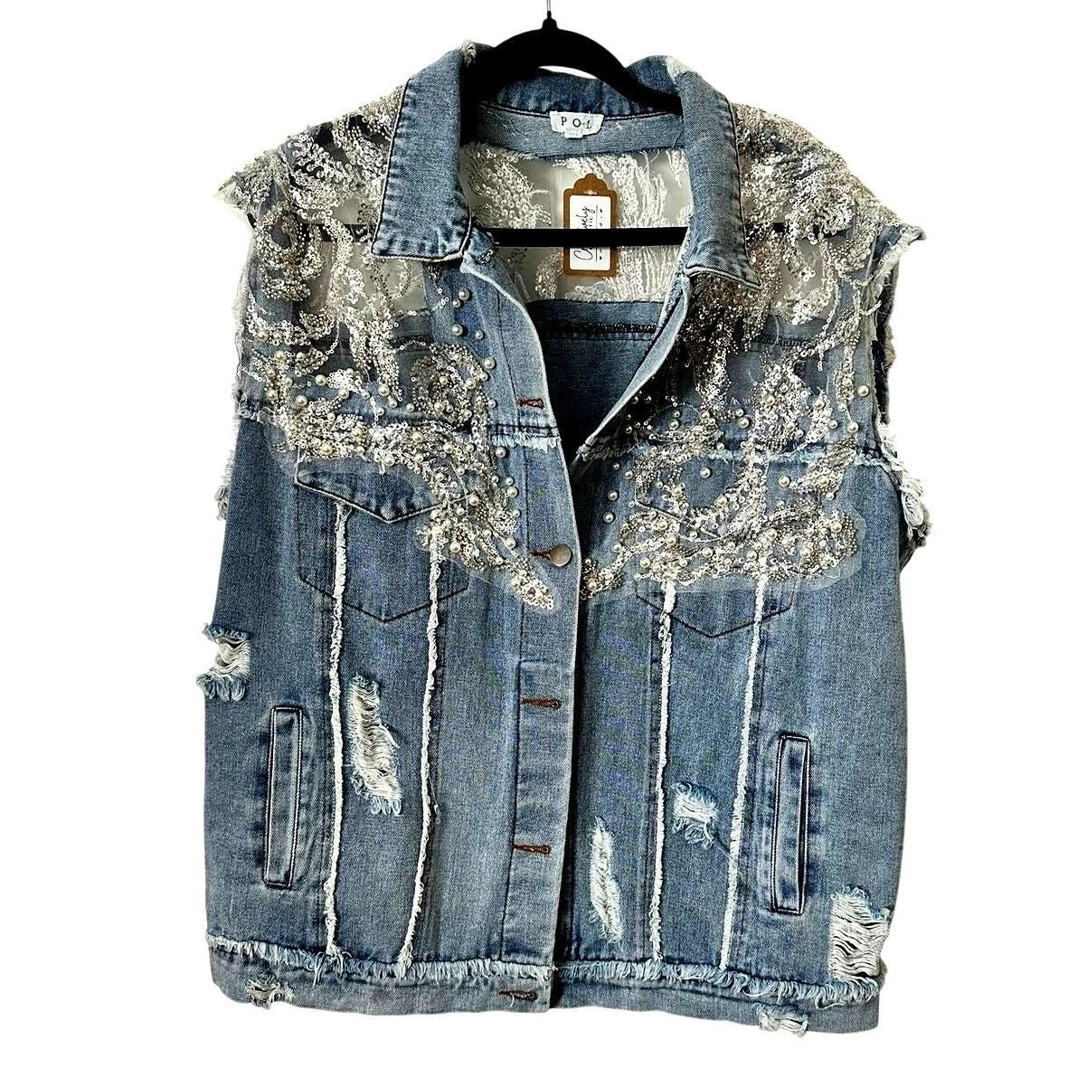 Blue Embellished Denim Vest