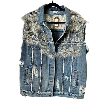 Blue Embellished Denim Vest