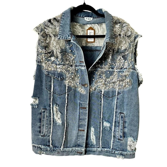 Blue Embellished Denim Vest